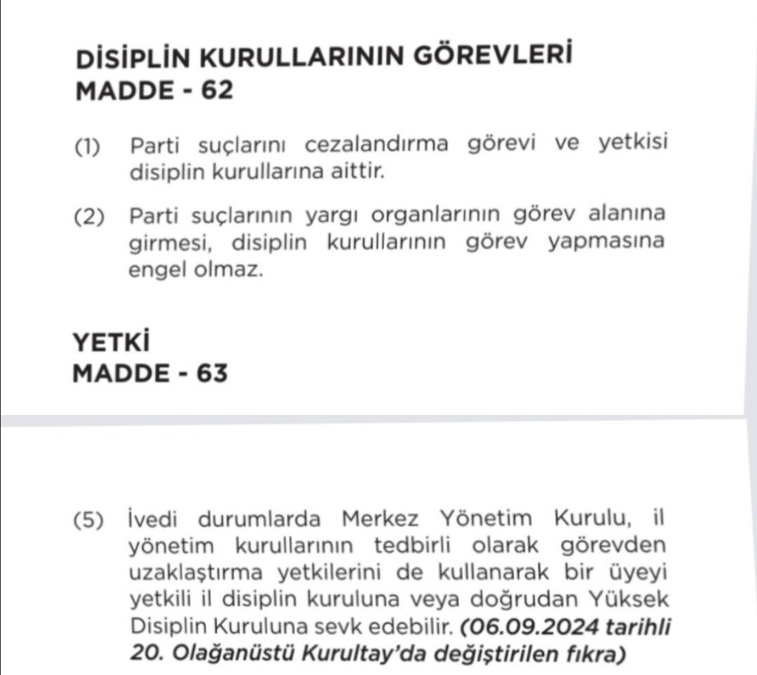 cd_evrim's tweet photo. @alitarakcii 2024 de dğiştirdiğiniz tüzük maddesi hükmünce ivedi işlem sıfatıyla yapılmıştır. Dolayısı ile Süheyl Batum gibi yargı yolu ile parti meclisi atlanarak Myk üzerinden yapılan ihraçların yargıdan dönmemesi için sizin değiştirdiğiniz TÜZÜK sizi vurmuştur Ayrıca 74 madde açık https://t.co/zIyEQcIbdm