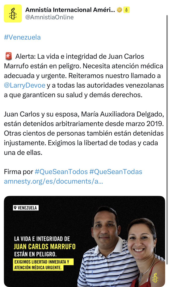 El_Cooperante's tweet photo. 🟨 | Amnistía Internacional en las Américas pidió a las autoridades venezolanas garantizar la “salud y demás derechos” de Juan Carlos Marrufo, detenido desde marzo de 2019, al considerar que su “vida e integridad están en peligro”

La organización también exigió la liberación de “todas y cada una” de las personas “detenidas injustamente” en el país

✍️: @AmnistiaOnline