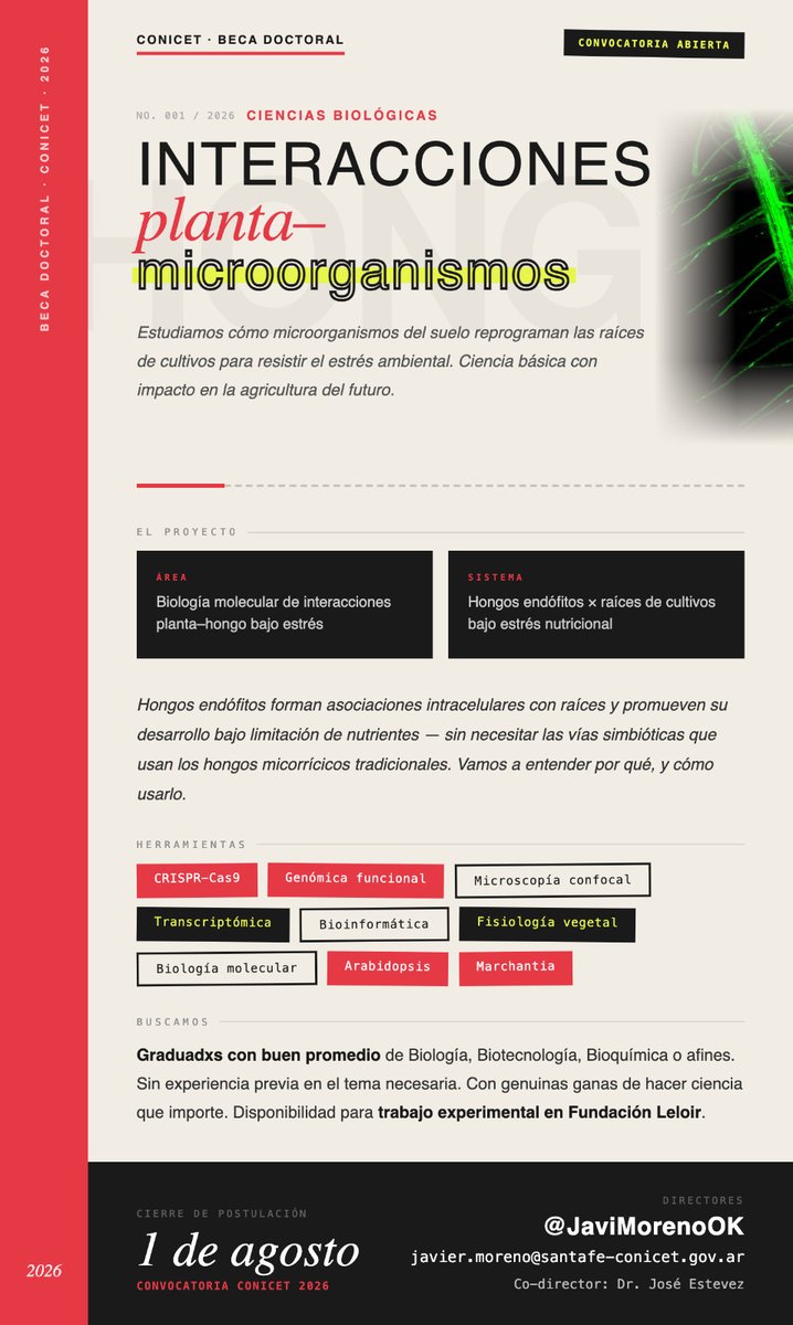 JaviMorenoOK's tweet photo. Buscamos candidato a Beca Doctoral Conicet junto con @EstevezJoseM @estevezjosem.bsky.social #Arabidopsis 🍀  #microbioma 🍄 https://t.co/jfo6wI8gEK