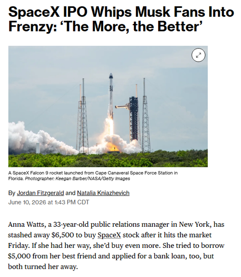 Barchart's tweet photo. Retail Traders are apparently trying to borrow money to chase the SpaceX $SPCX IPO 🚨🚨 Dear God https://t.co/afn2Zm29fJ