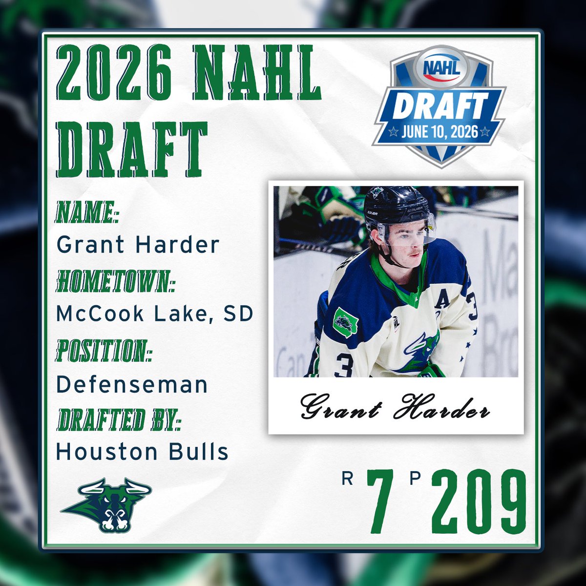 masoncitytoros's tweet photo. With the 209th pick in the 7th round of the 2026 NAHL Draft, Defenseman Grant Harder is selected by the Houston Bulls. Grant wore a letter on the blue line last season in his second NA3HL season. 

Congratulations Grant! 

#NA3HL #NAHL #Advancement #DraftDay https://t.co/yu2HJ5Da1C