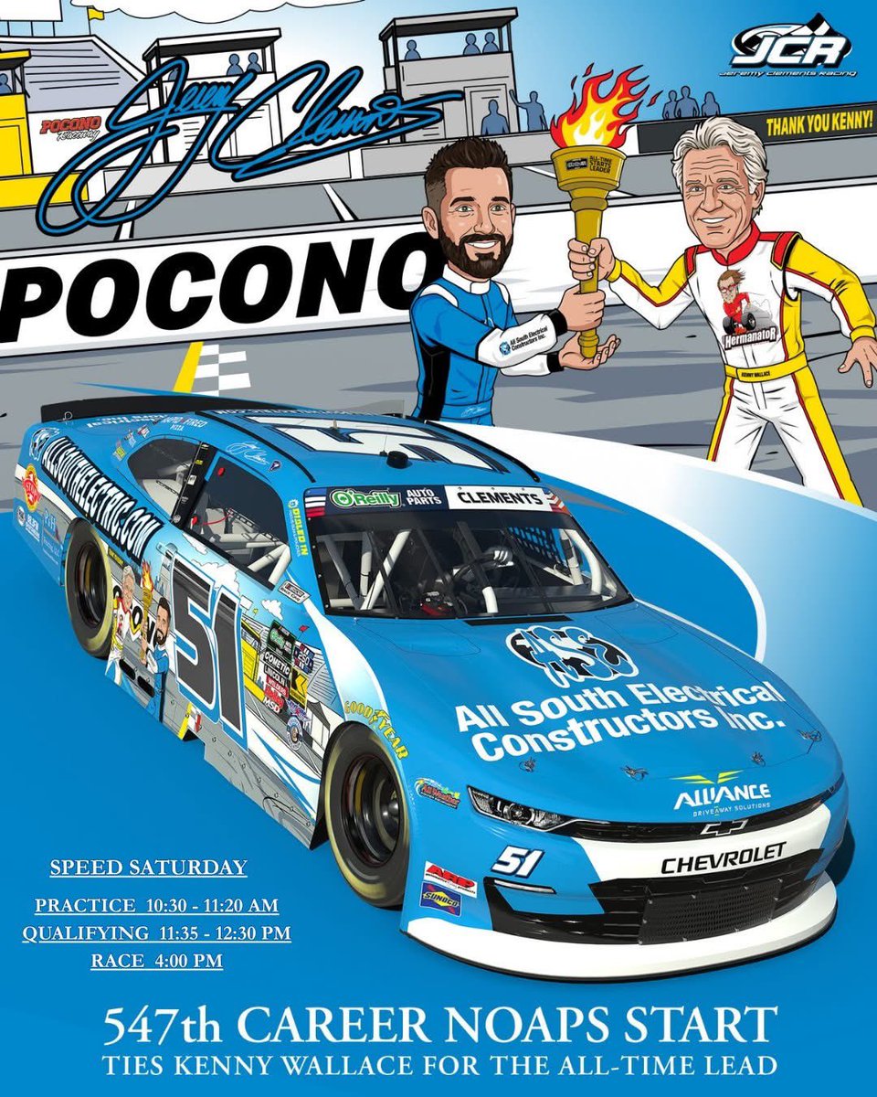 JCR_Clements51's tweet photo. With Career record start #5️⃣4️⃣8️⃣ on the Horizon 🌅 
Next up is @PoconoRaceway, where #Jug @JClements51 is set to tie the #Hermanator @Kenny_Wallace for the all-time @NASCAROReillyAP starts record!

💪 by longtime partner #AllSouthElectric 

Catch all the 🎬 on @TheCW_Sports 🖥️ https://t.co/Fh9BkbV5ee