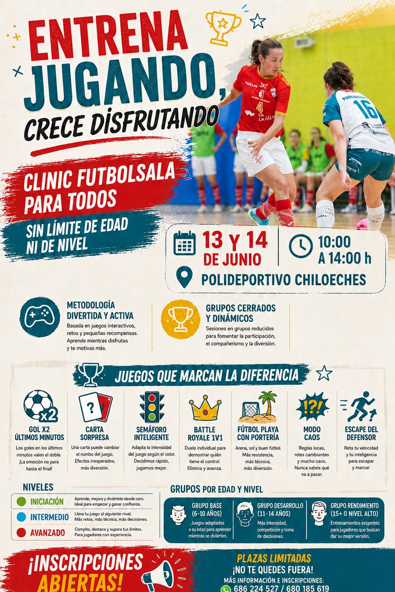 CDChiloeches's tweet photo. ⚽ ¿Entrenar siempre igual? ¡No aquí!

Aún estás a tiempo de apuntarte 📝

🏆 Retos, juegos, competiciones y diversión.
📅 13-14 junio
⏰ 10h-14h
📍 Polideportivo Chiloeches

🔥 Todas las edades y niveles
📲 Inscripciones abiertas por Link 👇🏼

https://t.co/a4Pcl2sLxr https://t.co/ka6Q4IkMQd