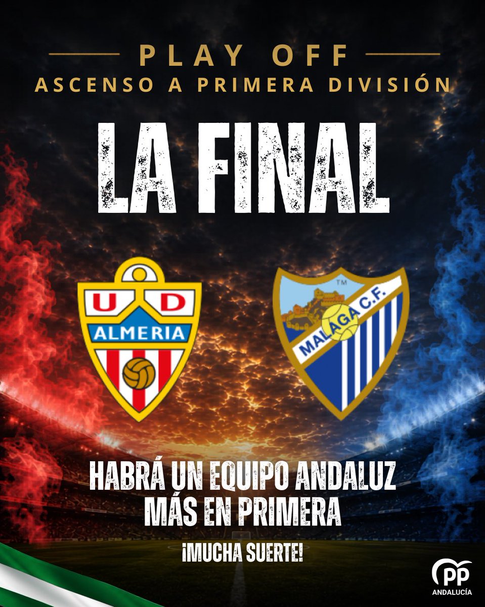 ppandaluz's tweet photo. 👏🏽 ¡HABRÁ UN EQUIPO ANDALUZ MÁS EN PRIMERA!

El @MalagaCF y la @U_D_Almeria jugarán un derbi andaluz por conseguir una plaza en primera división.

¡Mucha suerte! 💚 https://t.co/tG1teV6hly