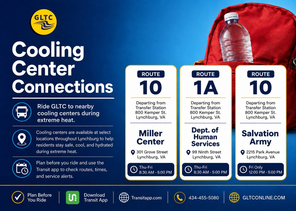 GLTCONLINE's tweet photo. City of Lynchburg announced cooling center locations for residents needing relief during extreme heat. Connect to nearby cooling centers across Lynchburg, including the Department of Human Services, Miller Center, Downtown Branch Library, and Salvation Army. https://t.co/ac3G2GDF1q