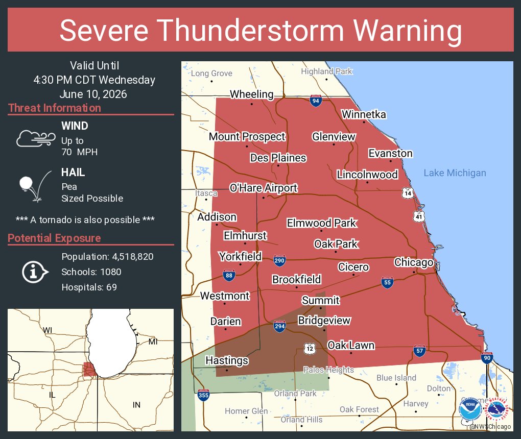 NWSChicago's tweet photo. Severe Thunderstorm Warning continues for Chicago IL, Cicero IL and  Arlington Heights IL until 4:30 PM CDT. This storm will contain wind gusts to 70 MPH! https://t.co/xCRbWGfxLp