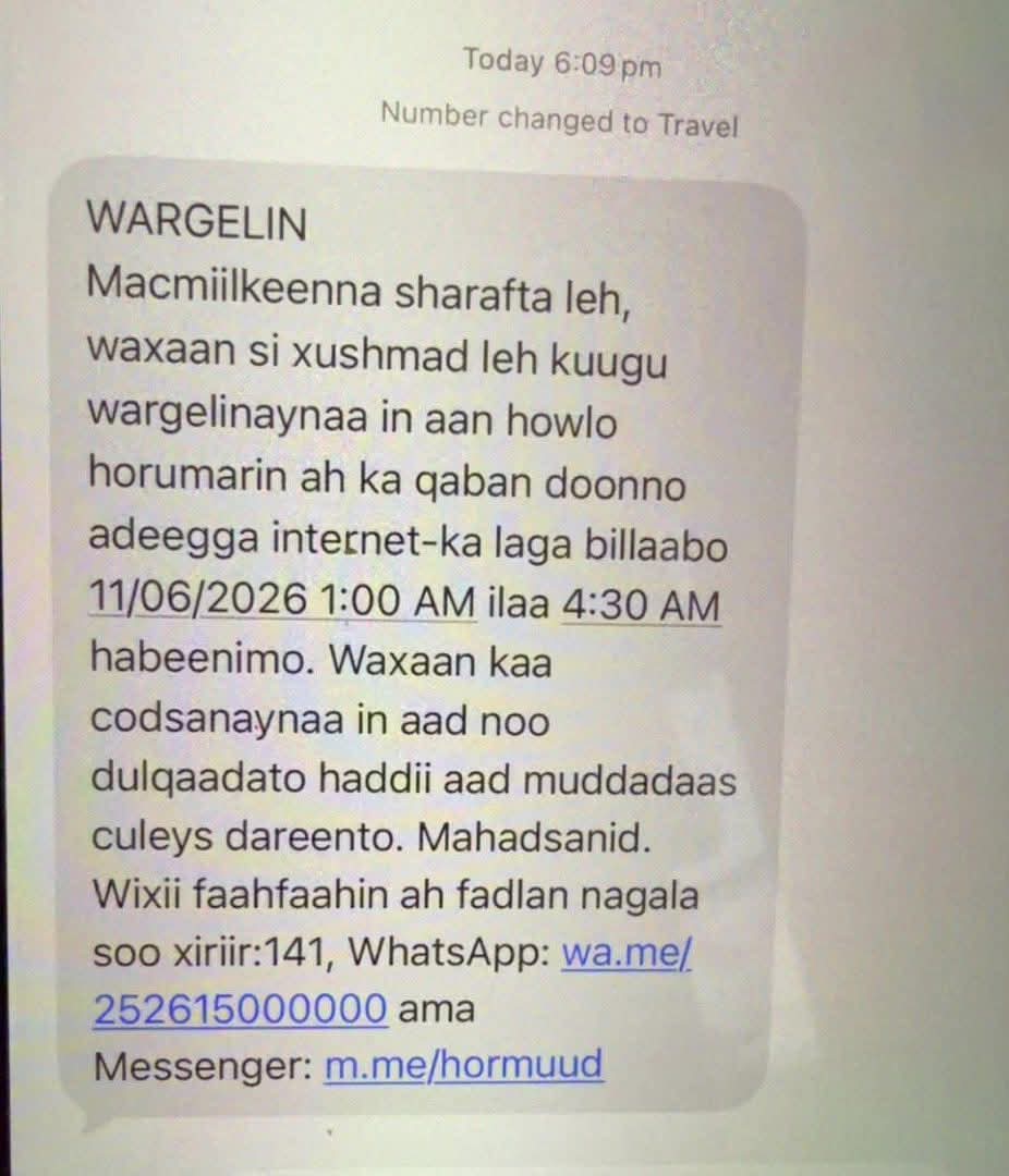TEMfaraskadoolo's tweet photo. Korontada iyo Internet-kuba caawa Saqda dhexe ee magaalada Muqdisho, Howlo Horumarin iyo Cilad Bixin awgeed ayay gali doonaan saacado uun ayay maqnaan doonaan.

Laga bilaabo 01:00am ilaa 04:30 AM “Internetka”
Laga bilaabo 01:00AM ilaa 03:00AN “Korontada” https://t.co/Z8rXc3pVUy