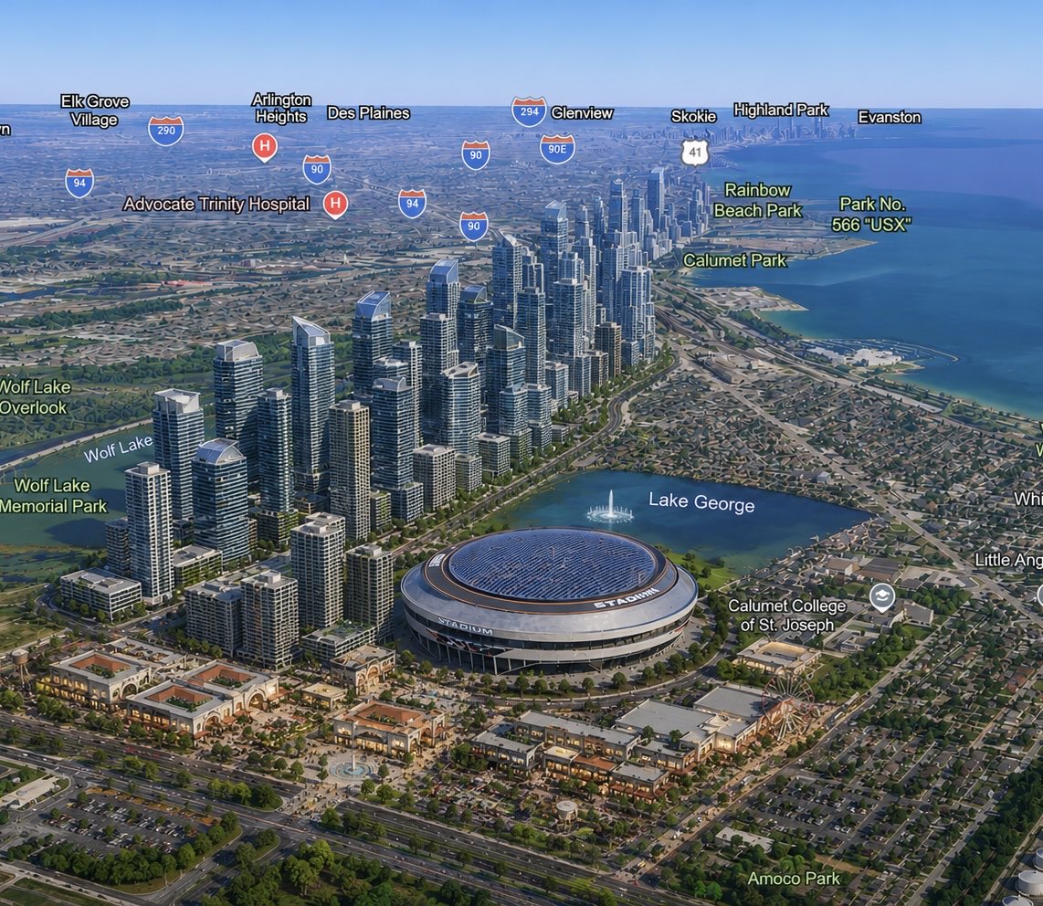 Chicago345033's tweet photo. New rendering of the @ChicagoBears stadium campus at Hammond Indiana. https://t.co/gH2lfZNZnT