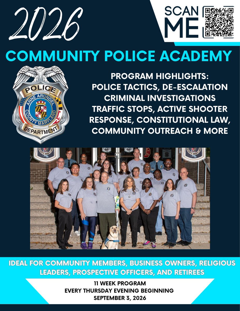 AACOPD's tweet photo. 𝐂𝐨𝐦𝐦𝐮𝐧𝐢𝐭𝐲 𝐏𝐨𝐥𝐢𝐜𝐞 𝐀𝐜𝐚𝐝𝐞𝐦𝐲 - 𝐅𝐚𝐥𝐥 𝟐𝟎𝟐𝟔
Ever wondered what goes on behind the scenes at the police department? Now is your chance to find out!

We are excited to announce that applications are officially open for our upcoming Community Police Academy. This 11-week program offers an inside look at how we serve, protect, and connect with the Anne Arundel County community every single day.

Program Details:
Start Date: Thursday, September 3, 2026
Schedule: Every Thursday evening for 11 weeks

Scan the QR Code to register or apply at the following link:
https://t.co/PVcNuh4XM6