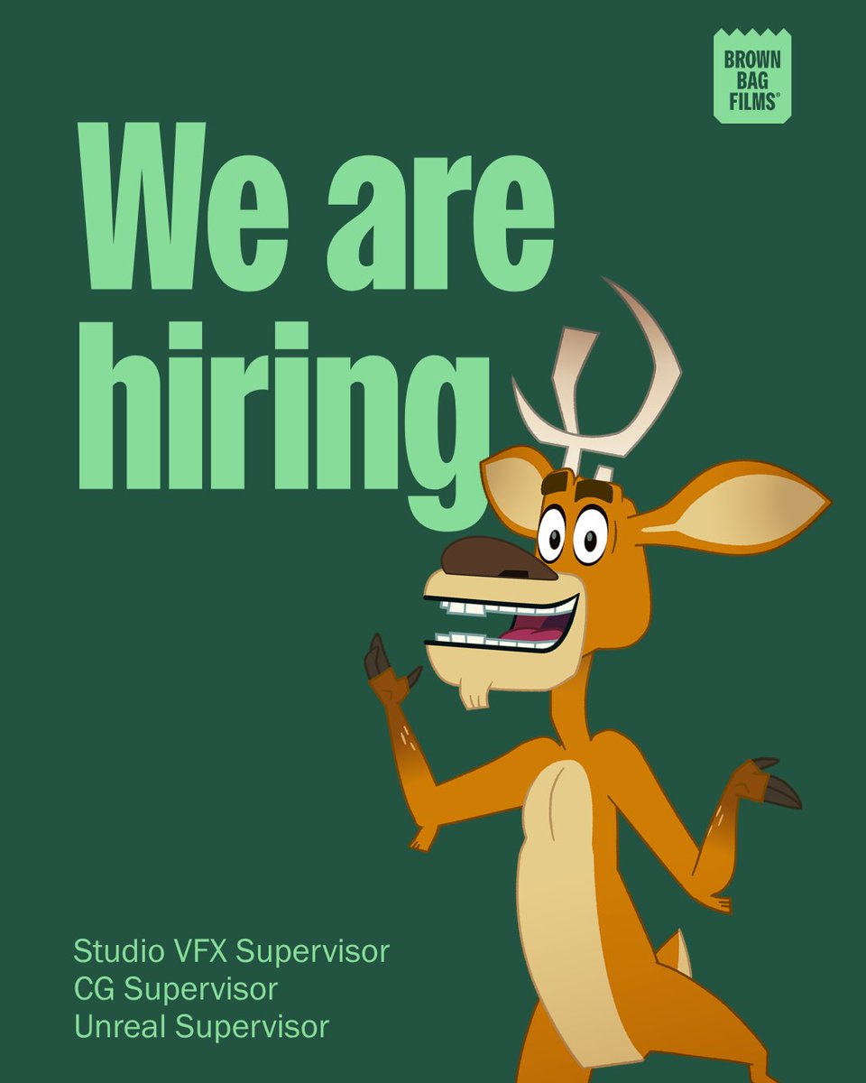 BrownBagFilms's tweet photo. We're hiring! Our Toronto studio is on the lookout for:
✅ Studio VFX Supervisor
✅ CG Supervisor
✅ Unreal Supervisor

🔗 Want to work with us? Take a look at the job descriptions and apply now:
https://t.co/FhRvAUWh3t https://t.co/J4Xum6Dq9Z