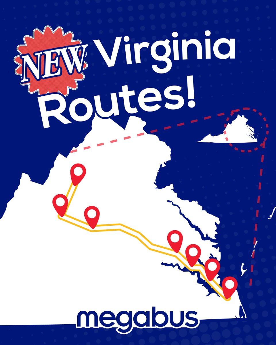 megabus's tweet photo. We've added brand new service to Virginia Beach &amp; Richmond International Airport! 

Additionally, we've added even more convenient trips across Virginia to key destinations like Norfolk, Newport News, &amp; more.

You can buy tickets to these destinations at https://t.co/49cdpRWni9 https://t.co/lB8f0qEgDi