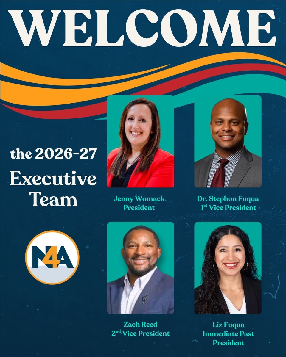 nfoura's tweet photo. Please join us in welcoming the 2026-27 N4A Executive Team! 🎉

Together, this group will lead our association forward under the theme Thrive &amp; Advance: Championing Student-Athletes and Each Other.

#N4A2027 #ThriveAndAdvance https://t.co/r3jJs8QWup