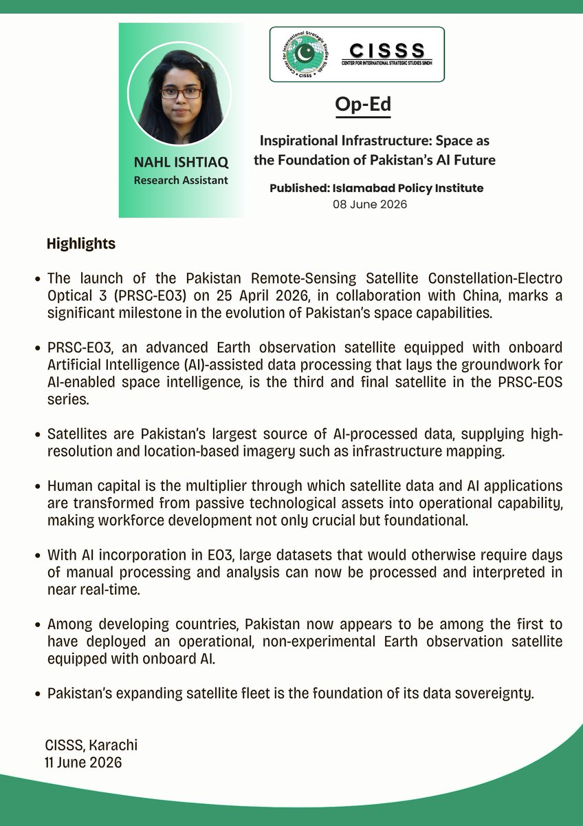 CISSS_Karachi's tweet photo. CISSS Publication | Islamabad Policy Institute (IPI)

Op-Ed | Inspirational Infrastructure: Space as the Foundation of Pakistan’s AI Future 

Author: Research Assistant Nahl Ishtiaq  

Link ⬇️

https://t.co/cSp8FGhJOu https://t.co/XBNosQ5inu