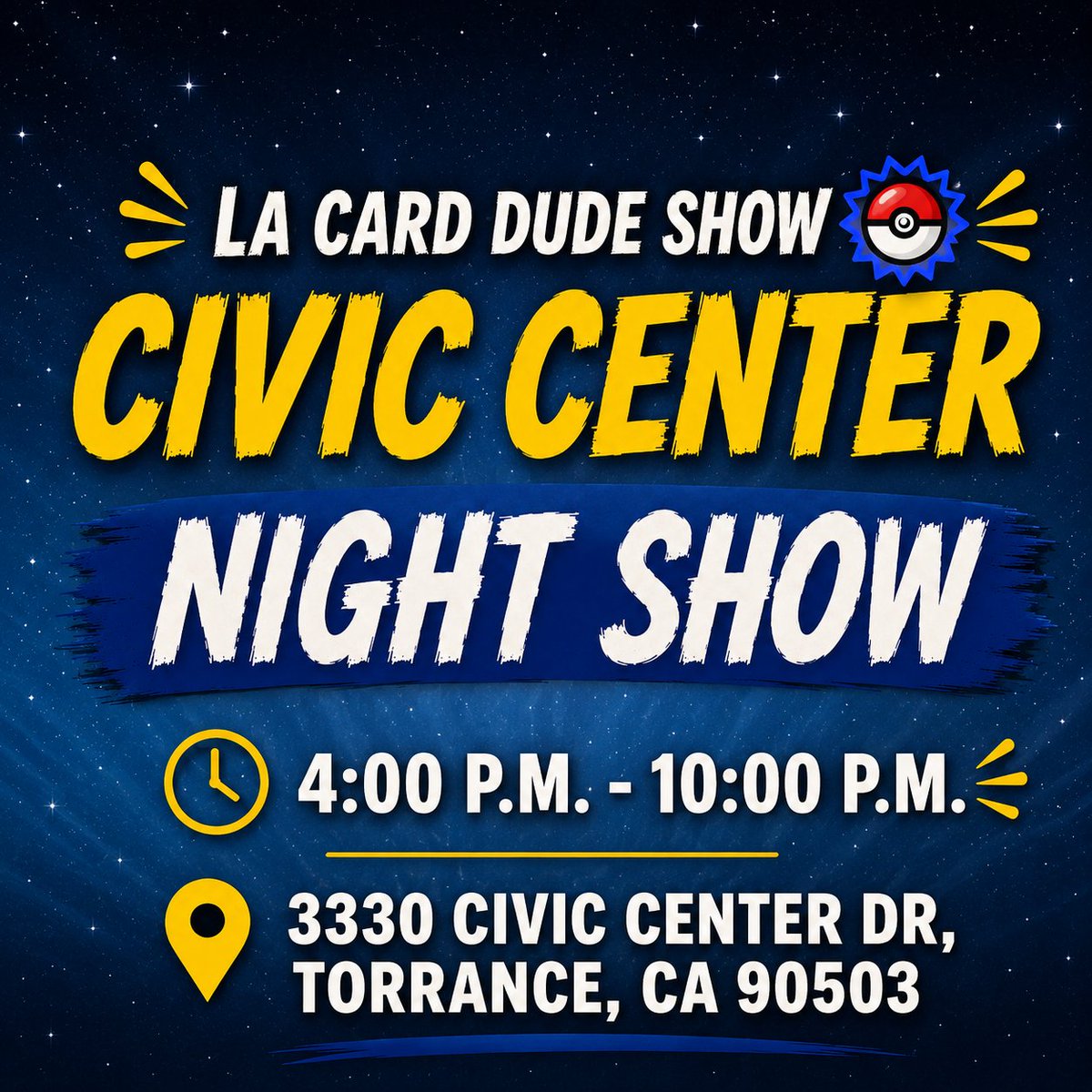 LAcarddude's tweet photo. TONIGHT'S THE NIGHT! 🔥🌙
Perfect night to buy, sell, trade, and vibe with the community!
📍 Torrance Civic Center
⏰ 4 PM – 10 PM
🔥 Buy • Sell • Trade
🃏 Sports Cards & TCG
🎉 Great Deals • Great People • Great Vibes
See you at the show!
#LACardDude #NightShow #CardShow #SportsCards
