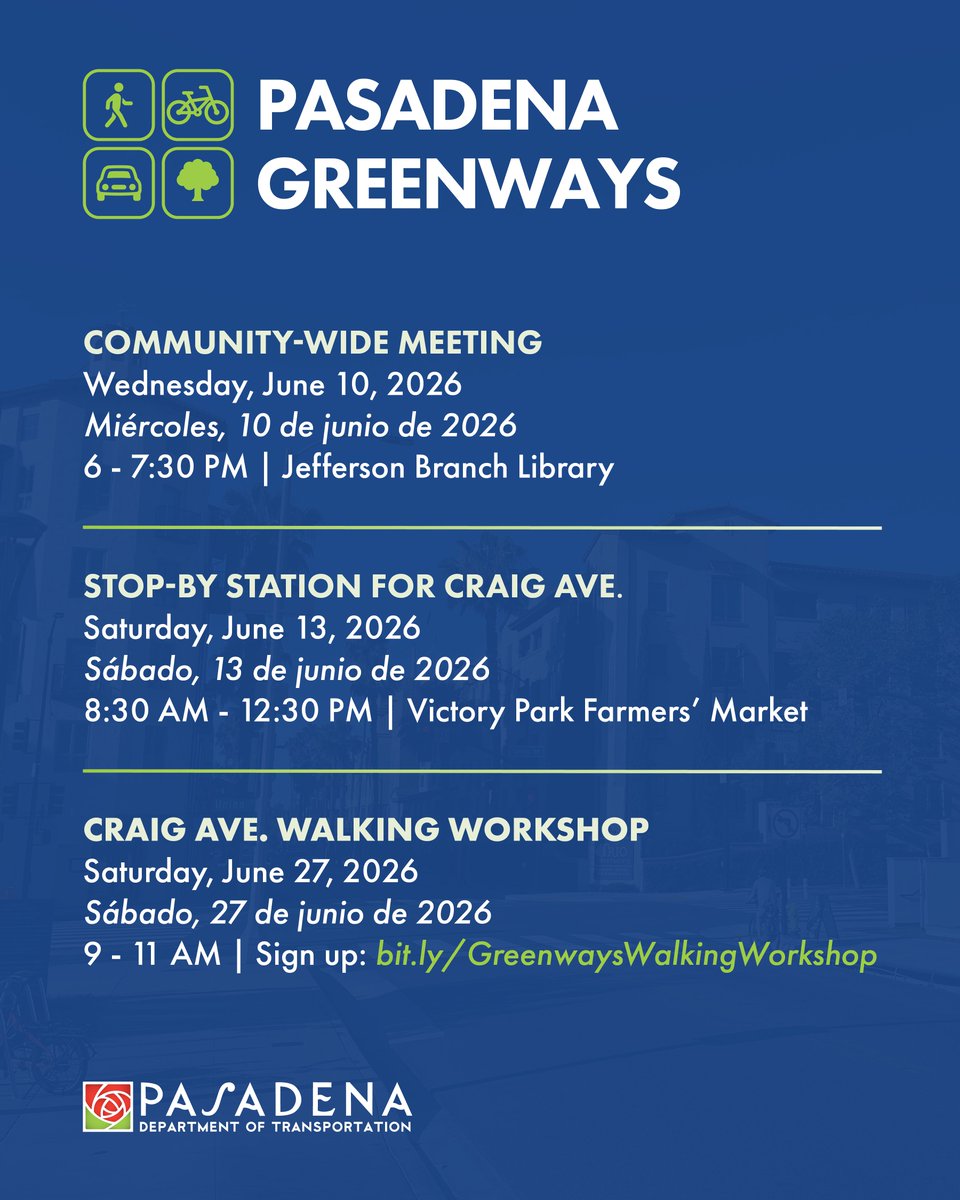 The image is a flyer for Pasadena Greenways events. It includes information for a Community-Wide Meeting on Wednesday, June 10, 2026, at Jefferson Branch Library, a Stop-By Station for CicLAvia on Saturday, June 13, 2026, at Victory Park Farmers' Market, and a Craig Ave. Walking Workshop on Saturday, June 27, 2026, with a signup link. The Pasadena Department of Transportation logo is at the bottom.