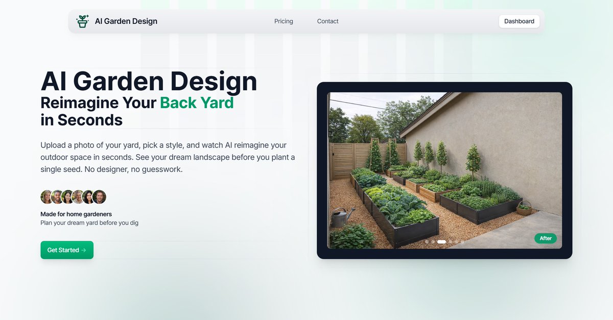 jsonsiocson's tweet photo. my wife has been fixing up our balcony for weeks and kept asking me, 'how do you think it'll look if we put plants here?'

no idea. i'm a banker and maker, not a designer lol 😀
so built her this thing where you upload a photo of your garden and AI shows you how it could look...in seconds.

turns out it's actually useful so i'm launching it today:
AI Garden Design

first web app i've ever shipped. @shipordie_