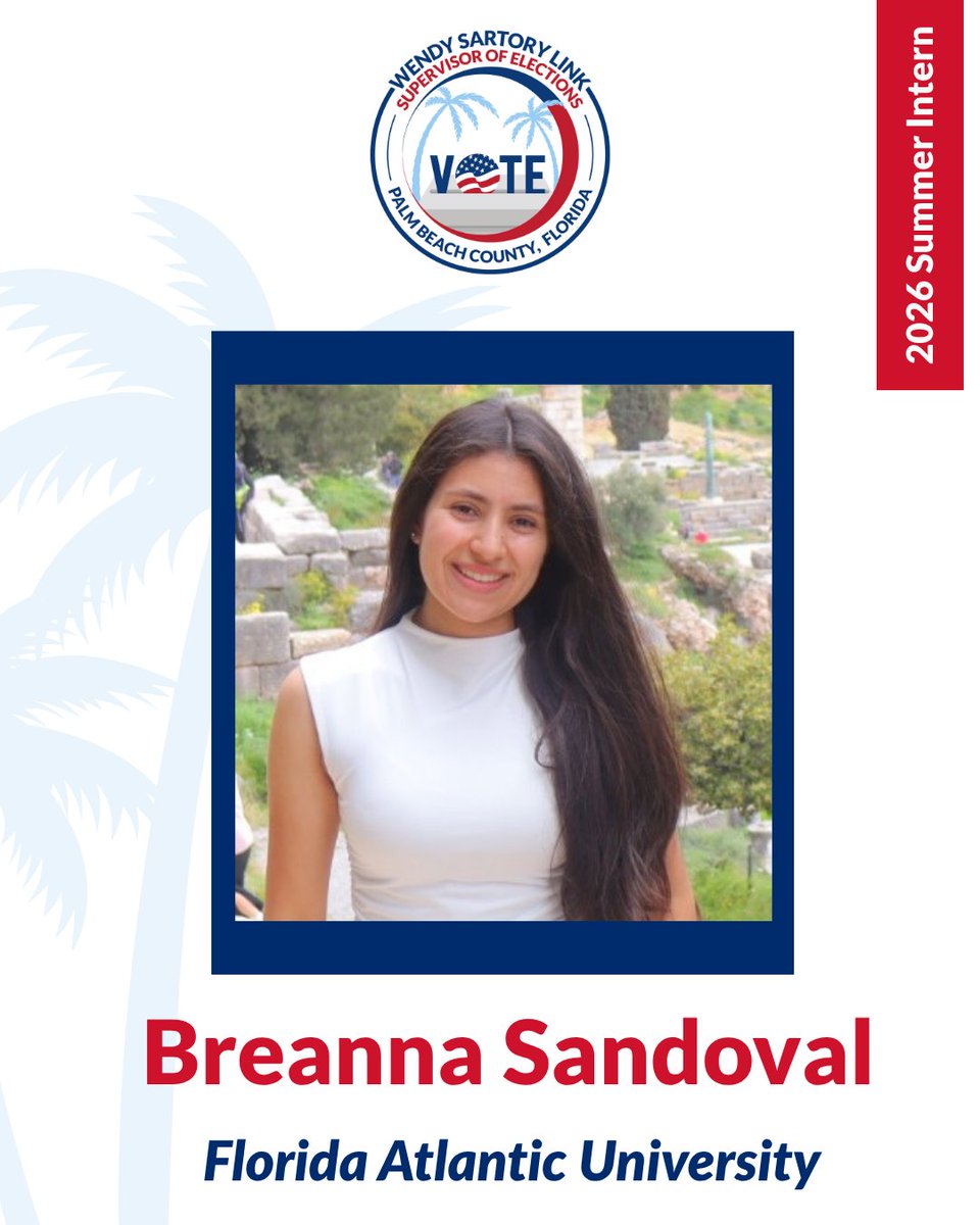 votepalmbeach's tweet photo. ✨We are excited to introduce the first group of our amazing 2026 summer interns here at the Palm Beach County Supervisor of Elections office! We are thrilled to welcome these talented individuals into the world of elections, civic engagement, and public service. Stay tuned as we spotlight all 19 of our interns over the next few days! #VotePalmBeach #InternSpotlight