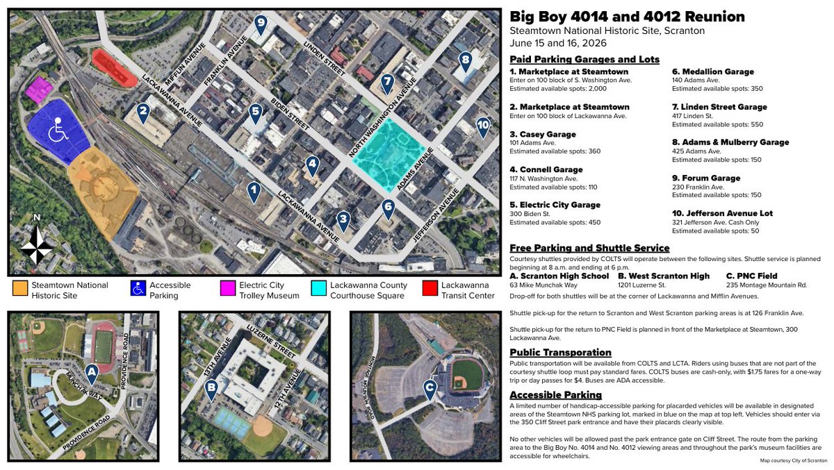 steamtownnhs's tweet photo. Plan Your Arrival-
Parking and Access:

Coming to the Big Boy Reunion event at Steamtown National Historic Site? Already have your tickets from https://t.co/dLHEmT7H6B? Plan like a ranger with these parking and transportation tips!

♿There will be no general parking on site during this event. Limited handicap parking will be available, however, on a first come first serve basis. Please make sure to have official hangtags or license plates and plan ahead for if parking is full.

🅿️Parking is available in downtown Scranton, including street parking or any of 9 paid parking garages and lots located within the city. For more information on paid parking, visit https://t.co/XXgNiMLpaS.

🚗Visitors planning to use rideshare options or taxi services should request to be dropped off at the Lackawanna Transit Center on Lackawanna Avenue or in front of the Marketplace at Steamtown.

 🚌Public transportation is available on regularly scheduled buses from COLTS and Luzerne County Transit Authority. Free parking and shuttle service will be available from Scranton High School, West Scranton High, and PNC Field. Shuttle service is planned from 8 am to 6 pm. *Please note that riders using bus services not a part of the shuttle loops must pay standard fares - cash only.

Please make sure to plan ahead and extra time for travel. Traffic delays are expected due to a high volume of visitors and road construction both within the city and on I-81 North and South.

Image: Big Boy Reunion parking map courtesy of the City of Scranton.

#SteamtownNHS #PlanLikeARanger #UnionPacific #BigBoy #BigBoy4014 #Scranton