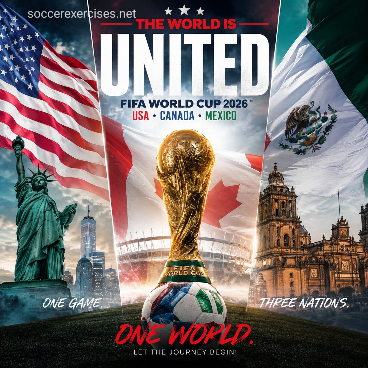 soccerexercises's tweet photo. The World is UNITED!🌍 One Game. Three Nations. One World.FIFA World Cup 2026 is coming 
USA🇺🇸 Canada🇨🇦 Mexico🇲🇽 Let the journey begin!  Who’s winning it?👇 #FIFAWorldCup2026 #WorldCup2026 #OneWorldOneGame #WC2026
#Soccer #football #soccer #fussball #voetbal #calcio #futbol https://t.co/L4hcmJxFKA