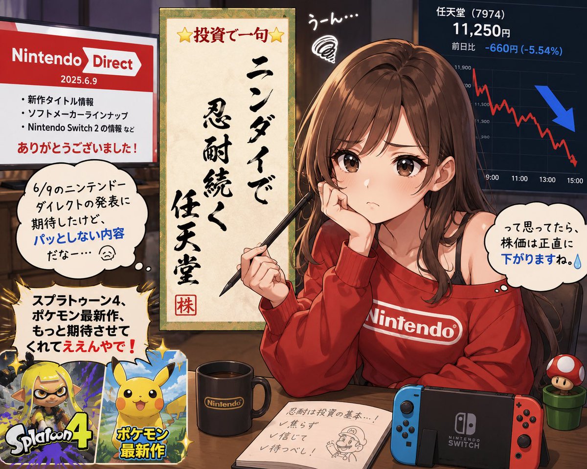 james_bonnou's tweet photo. ⭐️投資で一句⭐️
ニンダイで　忍耐続く　任天堂

6/9のニンテンドーダイレクトの発表に期待したけど、パッとしない内容だなー
って思ってたら、株価は正直に下がりますね。
スプラトゥーン4、ポケモン最新作、もっと期待させてくれてええんやで❗️

任天堂は忍耐堂になってますが
そろそろ株主の我慢も限界になってきてそう