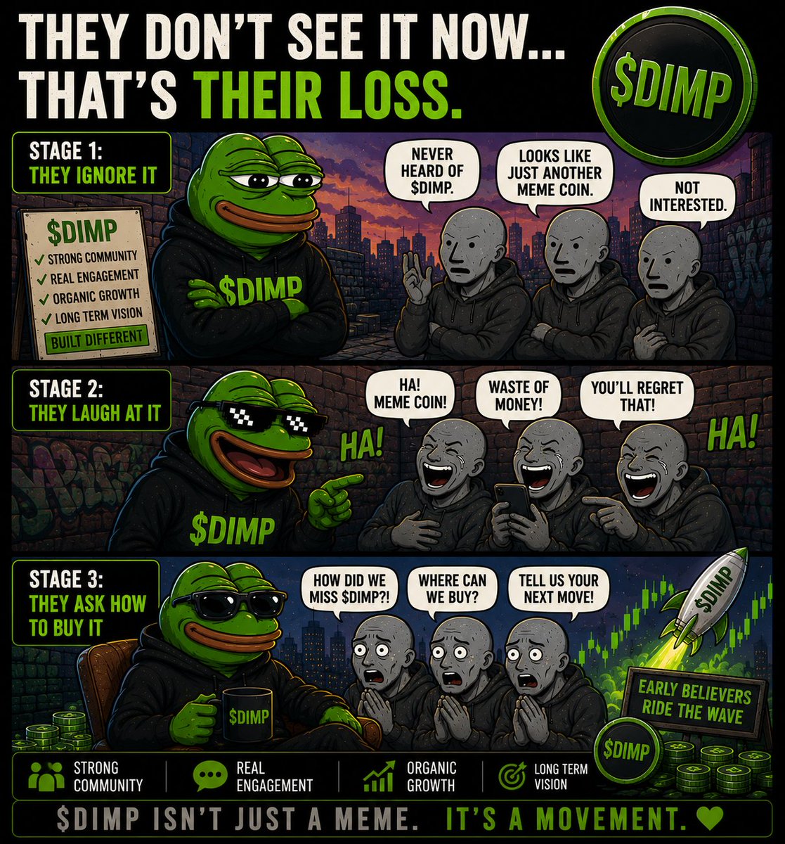 Davecolex's tweet photo. The funniest part of every bull run? 
The same people who said "it's never going anywhere" suddenly become experts when it starts moving.
While they were busy doubting, the community was busy building.
$DIMP isn't about following the crowd.
@Dimponsol https://t.co/1O492GZTfl