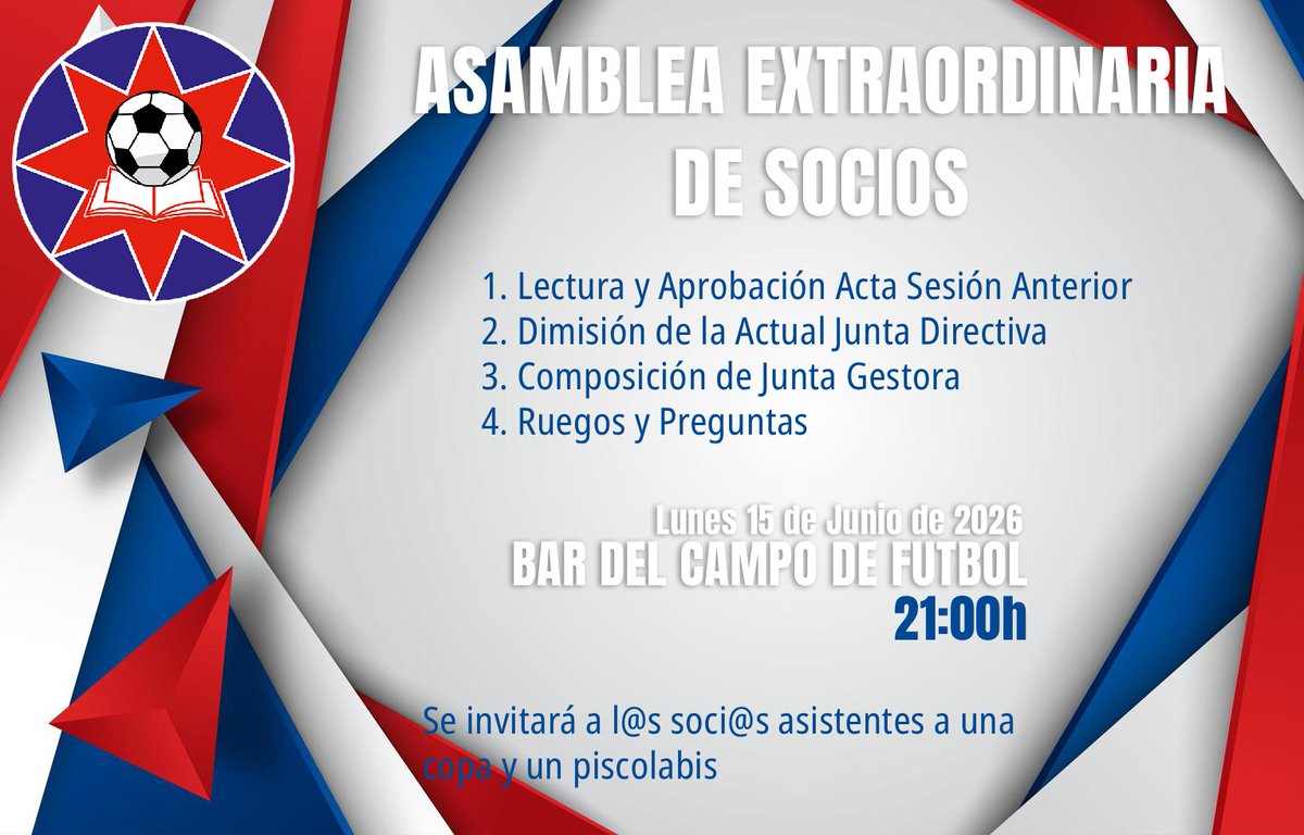 UCLaEstrella's tweet photo. ASAMBLEA EXTRAORDINARIA DE SOCI@S

📆 Lunes 15 de junio
🕣 21:00 horas
📍Bar de campo de fútbol 

El club invitará a una copa  y un piscolabis a l@s asistentes. https://t.co/sqsbQwWP8V