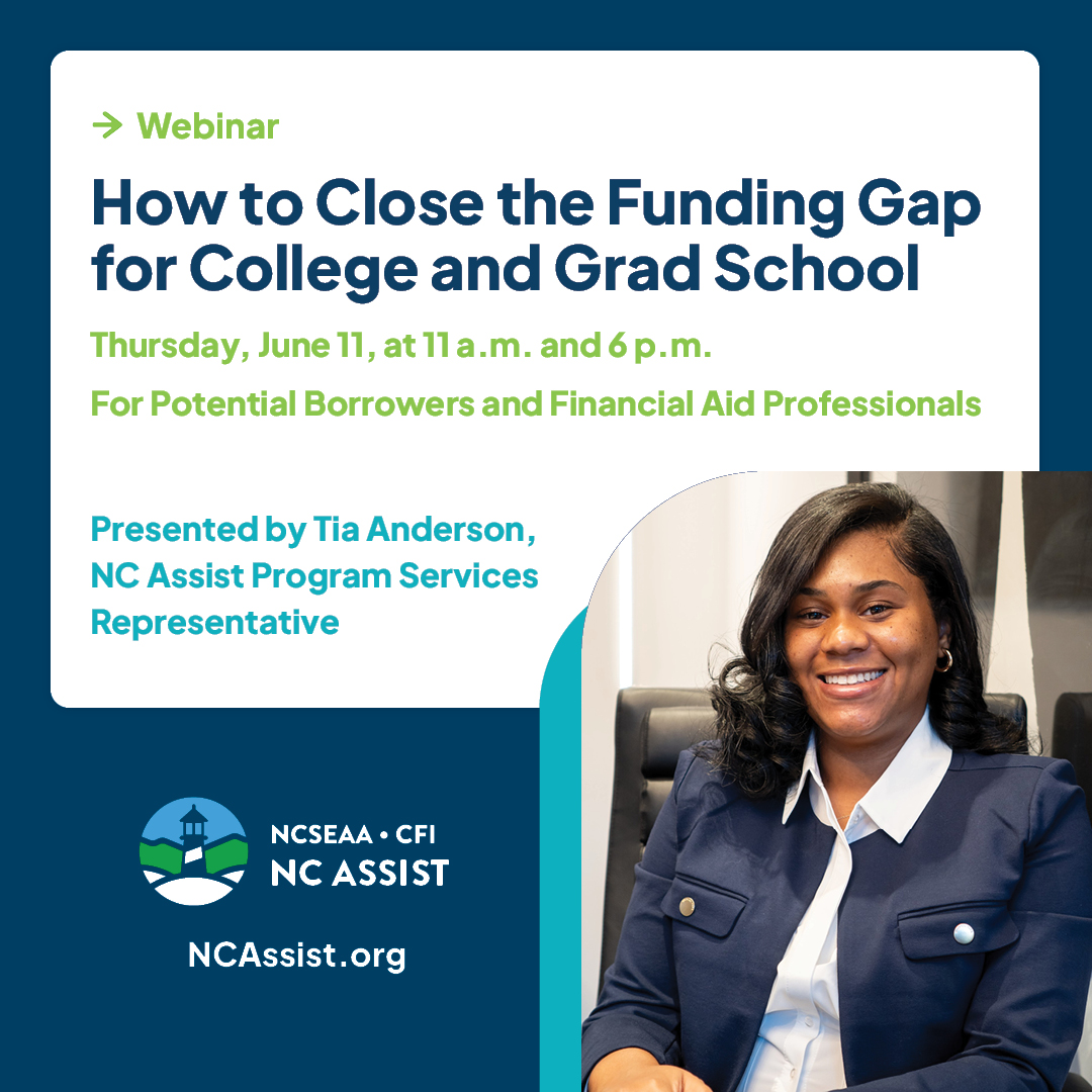 NCAssistLoans's tweet photo. Last call to register for our webinar on Thursday! Join us at 11 a.m. or 6 p.m. to learn about paying for college or graduate school degrees. https://t.co/8hY4IC9t1o

#NCAssist #PayforCollege #GradSchool #Webinar https://t.co/xS7lLpp3Ks