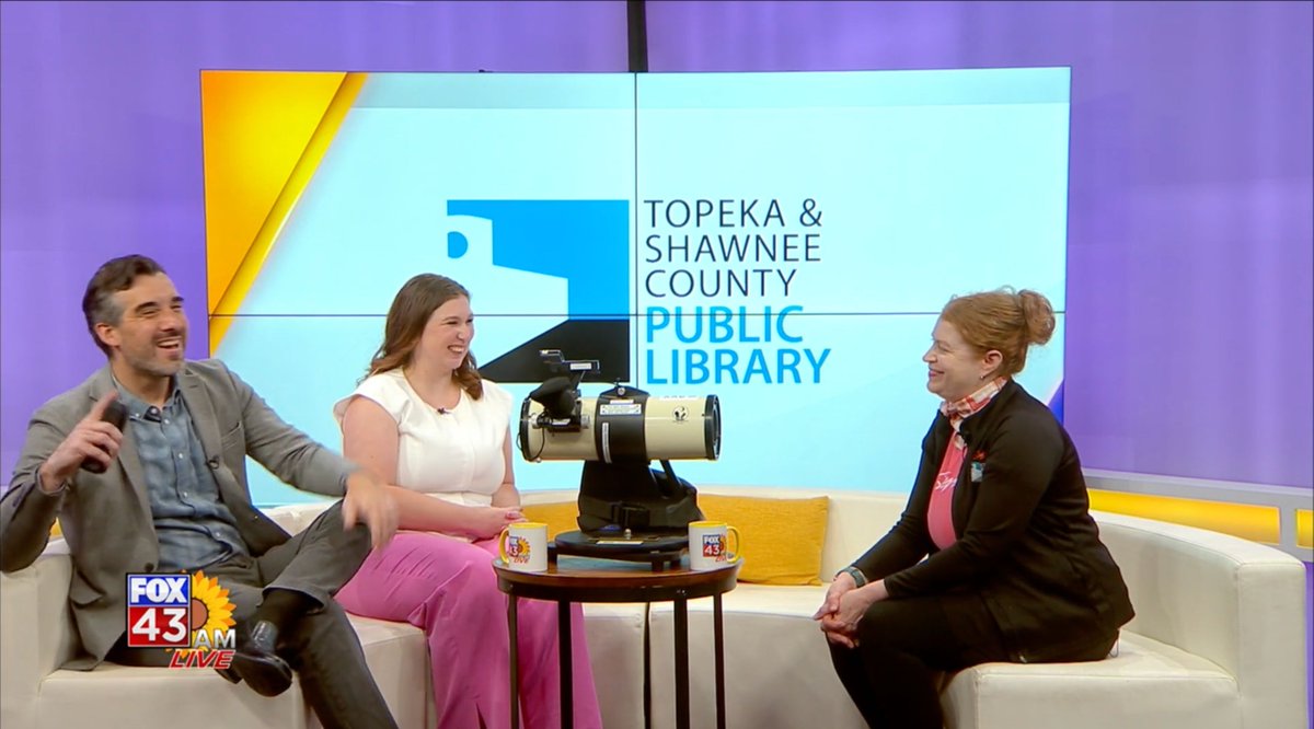 TopekaLibrary's tweet photo. You can see stars with help from the library! Scarlett sat down with Fox 43 AM Live’s Dane Kroll &amp; Savannah Meier to show them one of the new telescopes you can check out at the library. Find out how to try them out! https://t.co/cQ5hjbDoeI https://t.co/AZtsu3se1q
