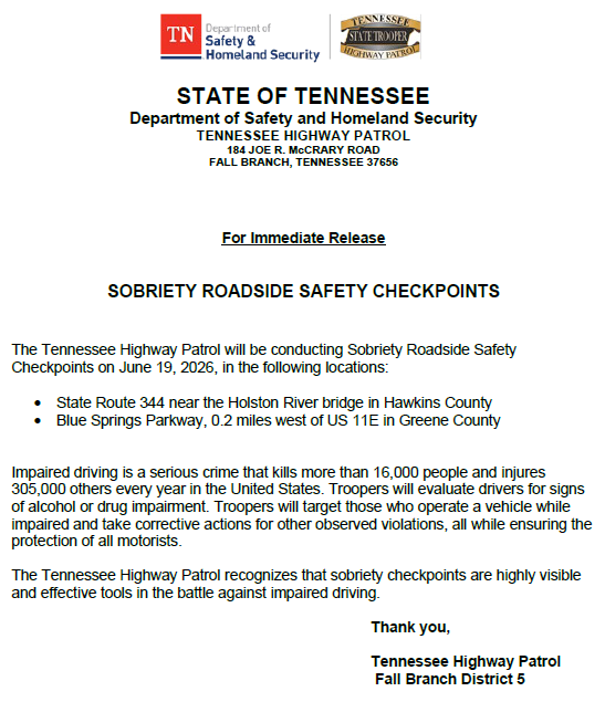 THPFallBranch's tweet photo. 🔶Please see the notification below regarding an upcoming checkpoint in the Fall Branch district. #BoozeItAndLoseIt #DriveHighGetADUI https://t.co/a6ixNh7tXs