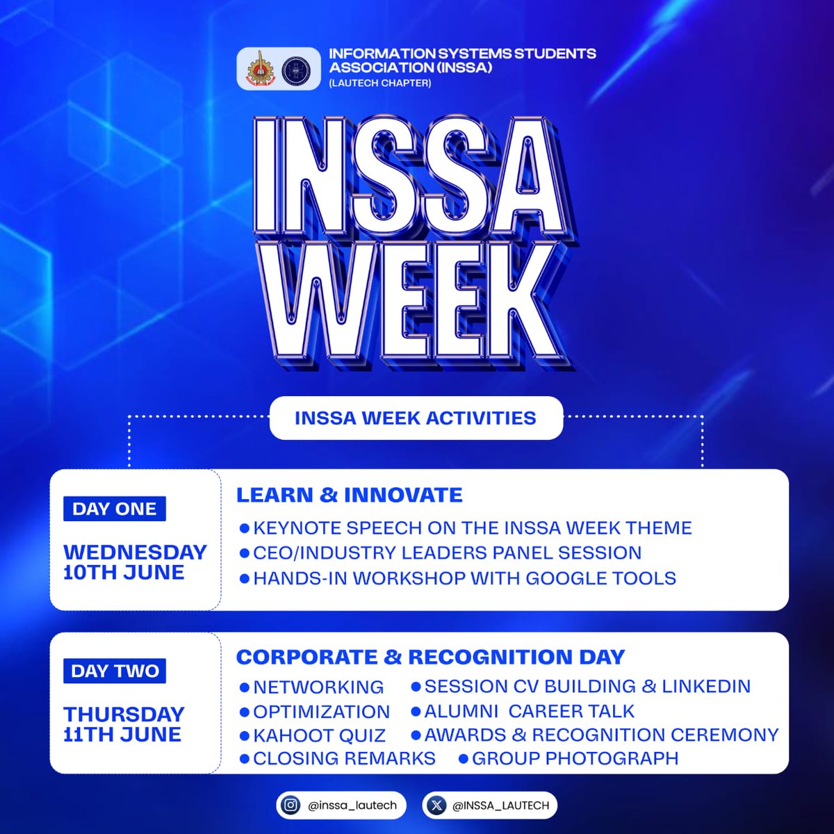 INSSA_LAUTECH's tweet photo. Day 1 of INSSA WEEK! 🔥*
Big thanks for the inspiring Learn &amp; Innovate session. Shoutout to our speakers, facilitators &amp; all participants! 💙

Day 2 (Corporate &amp; Recognition Day) tomorrow at FCI Hall by 10:00am! CV Building, Alumni Talk, Awards &amp; more.

See you there! 
#INSSAWeek https://t.co/VstikTk3X8