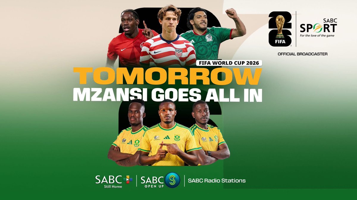 Radio2000_ZA's tweet photo. 📺 1 DAY TO GO!

Tomorrow is the day! The 2026 FIFA World Cup™ kicks off LIVE on SABC 3 and SABC 1 tomorrow! 🇿🇦🔥
 
📲 Don’t miss a single moment—stream live on https://t.co/bto454j8rl and follow every match across SABC Radio Stations 🎙️
 
⚽ Get live updates
#FIFAWorldCup2026 https://t.co/NxvS3qw4uy