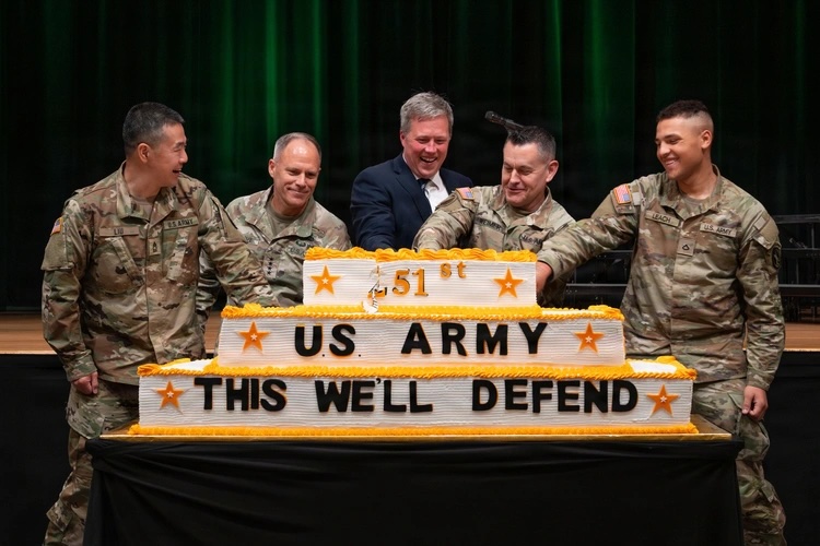 Secretary of the Army Dan Driscoll, Vice Chief of Staff Gen. Christopher LaNeve, and Sgt. Maj. of the Army Michael Weimer cut the official Army Birthday cake at the Pentagon today. \n
