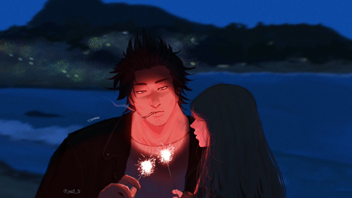 ya3_1i's tweet photo. The couple are enjoying lighting fireworks together🚬🌺 #blackclover #yamichar #art https://t.co/5ruWd9AYPM
