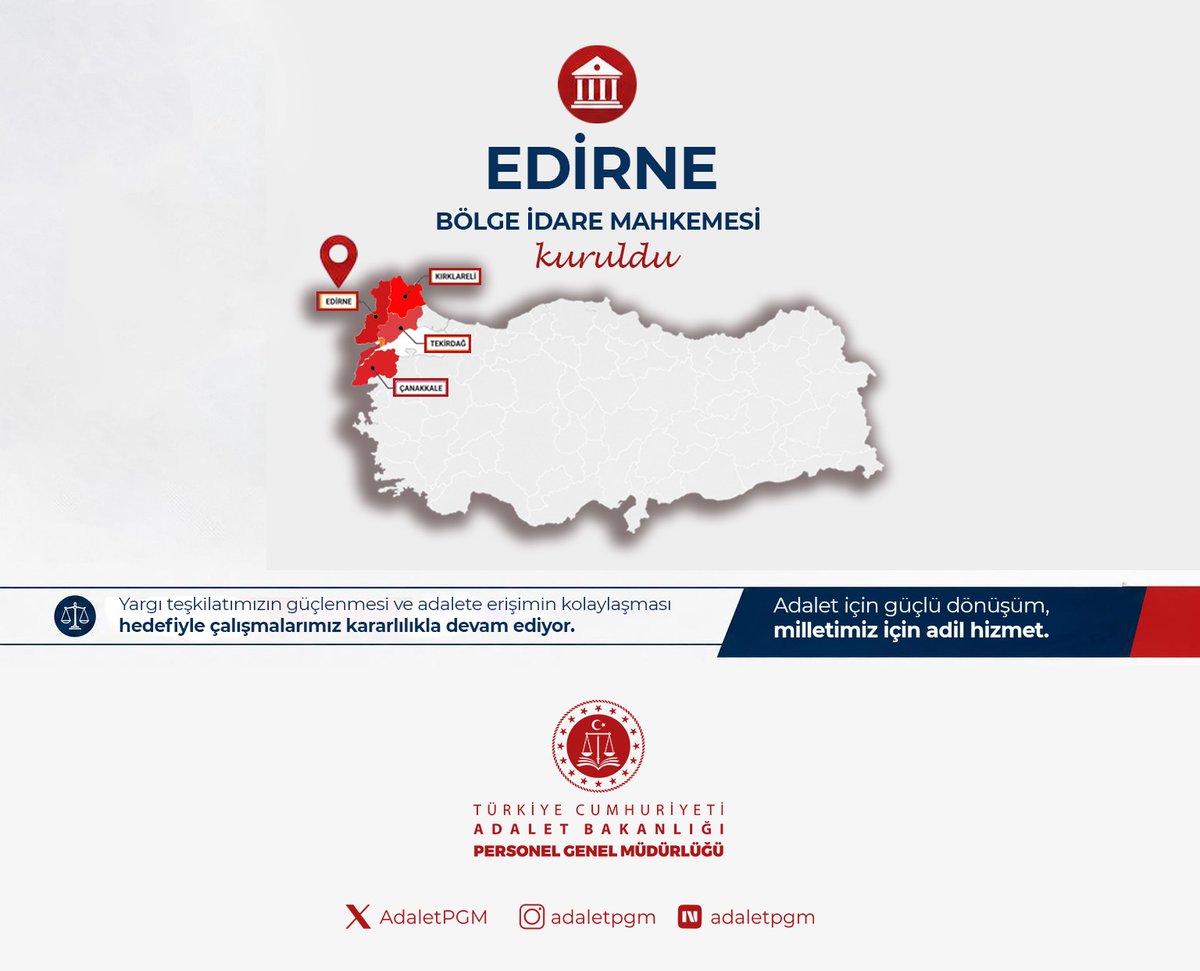 AdaletPGM's tweet photo. Bakanlığımızın “Türkiye Yüzyılı, Adaletin Yüzyılı” vizyonu kapsamında, adalet hizmetlerinin vatandaşlarımıza daha etkin, verimli ve hızlı bir şekilde ulaştırılması amacıyla çalışmalarımızı sürdürüyoruz.

Bu kapsamda bölgelerimizin nüfusu, ulaşım imkanları ve coğrafi yapısı ile idari yargıdaki iş yükü dikkate alınarak yapılan analiz çalışmaları neticesinde;
Edirne Bölge İdare Mahkemesinin kurularak yargı çevresinin; Edirne, Kırklareli, Tekirdağ ve Çanakkale illerinin mülki sınırları olarak belirlenmesi sayın Bakanımız Akın Gürlek’in tensipleri ve 10.06.2026 tarihli Bakan oluru ile uygun görülmüş olup, söz konusu karar 11.06.2026 tarihli Resmi Gazete’de yayınlanarak yürürlüğe girmiştir.
 
Kurulan mahkemenin vatandaşlarımıza ve teşkilatımıza hayırlı olmasını dileriz.