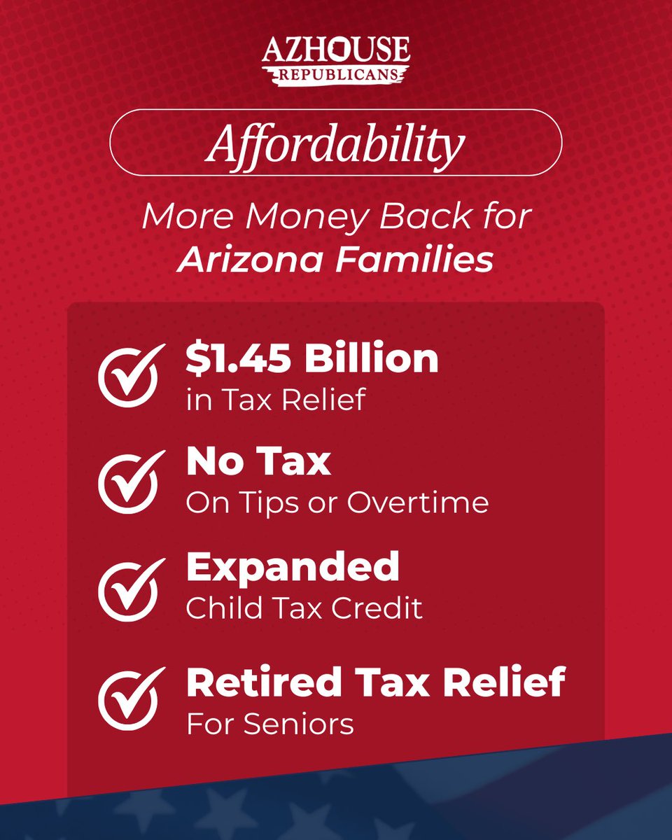 AZHouseGOP's tweet photo. 🚨MAJOR TAX RELIEF FOR ARIZONA FAMILIES IS ON THE WAY 🚨

After months of fighting for Arizona families, House Republicans have secured a budget agreement that will deliver major wins for taxpayers, workers, parents, seniors, and students.

This budget proposal includes:

✔️ $1.43 billion in in cost-of-living tax relief
✔️ No state tax on tips
✔️ No state tax on overtime
✔️ Expanded child tax credits
✔️ New childcare deductions
✔️ Retirement tax relief for seniors
✔️ Protection for school choice
✔️ Funding for public safety

At a time when families are facing higher costs for groceries, gas, housing, and childcare, House Republicans are still fighting to make sure Arizonans keep more of what they earn.

This budget agreement reflects the priorities House Republicans have championed from the beginning: affordability, responsible spending, school choice, public safety, and government accountability.

Promises made. Promises kept.

Read more here: https://t.co/VH21pqfH6g

#AZHouseGOP #AZMajorityWorks #ArizonaFamilies #TaxRelief #Arizona