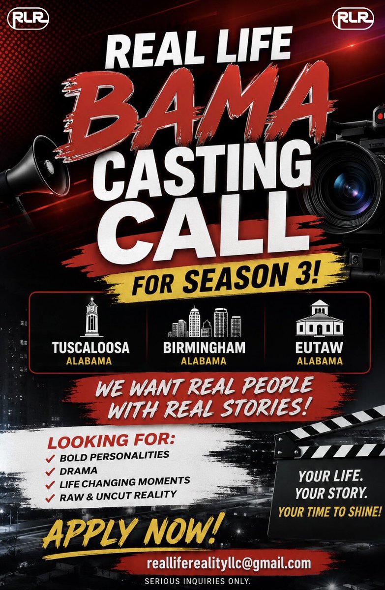 realliferealtv's tweet photo. 🚨NOW CASTING FOR SEASON 3🚨
📍 Casting Locations:
•Tuscaloosa, Alabama
•Birmingham, Alabama
•Eutaw, Alabama
#castingcall #alabama #applynow #birminghamalabama
📧 Apply Now: realliferealityllc@gmail.com https://t.co/DHIzd4hKwQ