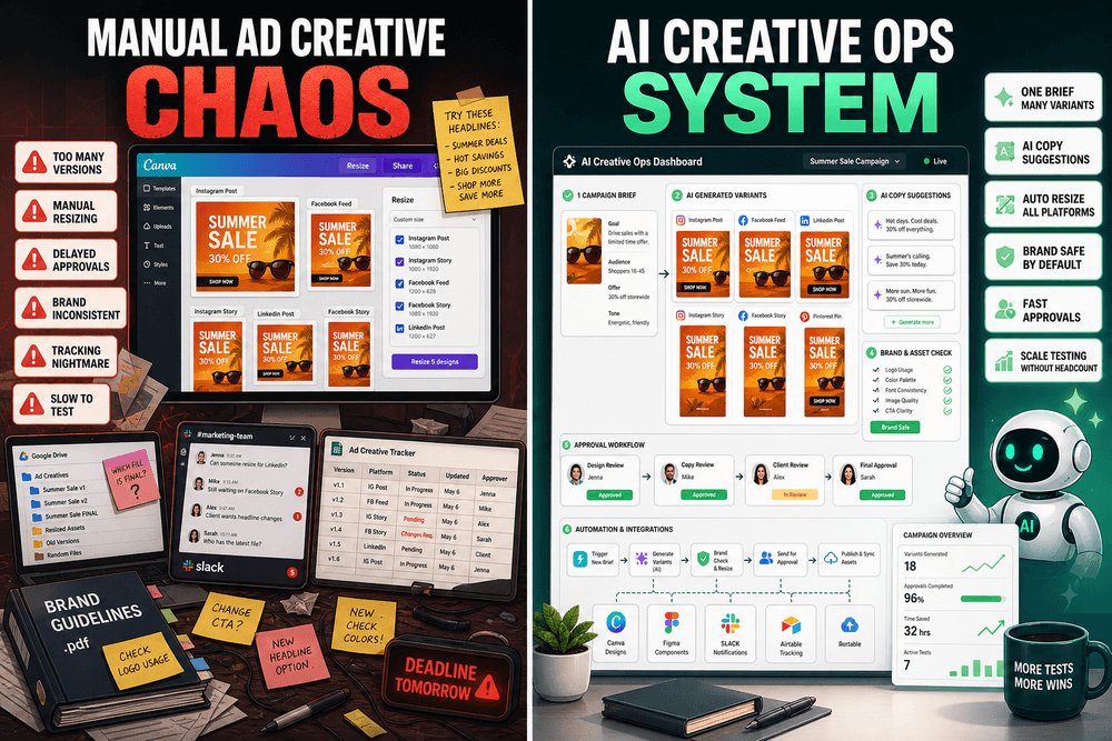 Dmitrijs_Zaic's tweet photo. Old way: a marketer stuck in Canva making 30 ad variants by hand. New way: an AI creative system spins copy, sizes, and brand-safe visuals in one flow, ready for review. If you want to automate your business, DM me. #AdOps #AIAutomation https://t.co/roRNa6hkvU