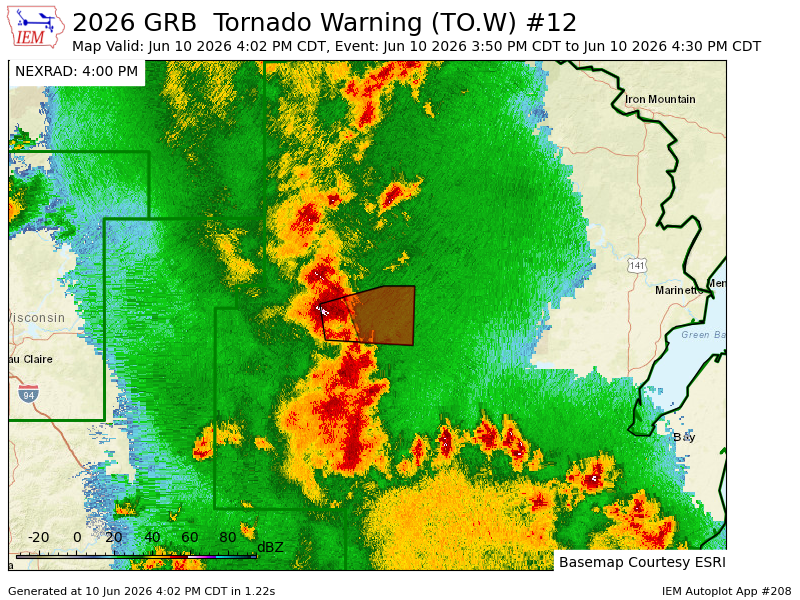 NEWIWeather's tweet photo. GRB continues Tornado Warning [tornado: RADAR INDICATED, hail: <.75 IN] for Marathon [WI] till 4:30 PM CDT https://t.co/tOlb1B1wlr https://t.co/CdRNXOKT6u