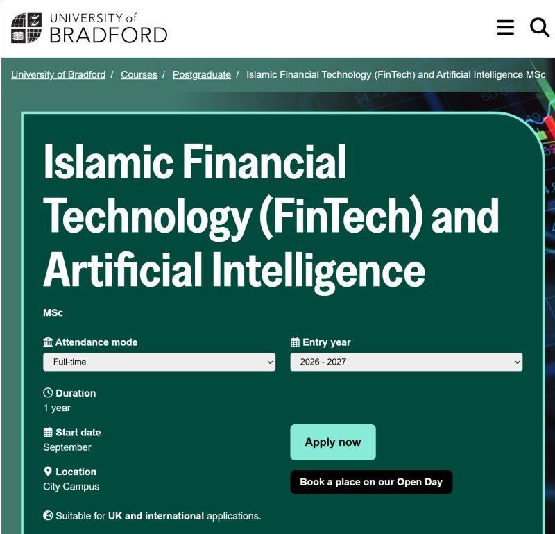 DrNazamDz's tweet photo. I’m very pleased to share of the new, first of its kind in the world, MSc degree programme in #IslamicFinTech and #ArtificialIntelligence @UniofBradford 
https://t.co/gIPqiEHfgf

https://t.co/niSlWMecxq

As the Programme’s Co-Leader, I note that:
“UN Sustainable Development Goals (#SDGs) is an #unfinished agenda. This programme calls for brilliant minds who aspire to curate solutions for the benefits of the people and communities at large. The journey of lifelong learning starts here – to embrace the technology, AI, ethics, responsible and good governance in financial strategy and decision making.”

This is indeed a #bold step forward, with more than two decades of professional and academic experiences, wide engagements with practitioners, industry players, policymakers, societies and public at large, together with high-esteemed impactful research and publications.

I'm open to discuss potential #collaboration / #academic exchange with any organisation so please get in touch. Feel free to RT and circulate to your networks. Thank you!  

#EthicalFinance #InclusiveFinance #IslamicFinance #ResponsibleFintech #Governance #Inclusion #SocialAgenda #Digital #Blockchain #DataScience #Analytics #APPGIEF #WTUN

@ResFintech @BradManagement @AdvanceHE @CharteredABS @fintechnorth @iERAorg @UN @APPGBritMuslims @uk_ifc @UKIFS @BritishCouncil @timeshighered @ICD_PS @IsDBGTHIQAH @AAOIFI_ORG @IFSB_org @Islamchannel @IFNFinTech @IFN_news @IFGateway @blockchain @analyticbridge