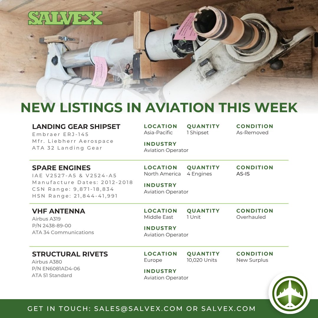 aviation_ai's tweet photo. New aviation inventory is now available on the Salvex marketplace. Explore opportunities from global operators across multiple asset categories.

#Aviation #Aerospace #AircraftParts #MRO #AircraftSales #AviationMarketplace #Salvex https://t.co/f1ufO03xt6