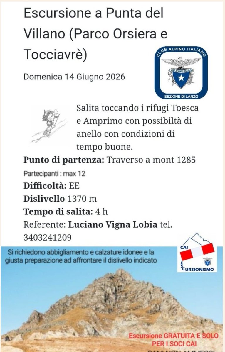 cailanzo's tweet photo. 📌 Domenica 14 giugno 2026 #escursione a Punta del Villano #ParcoOrsieraRocciavrè 

#ClubAlpinoItaliano #AlpiGraie

Locandina 👇 https://t.co/6vbQ5MYie3