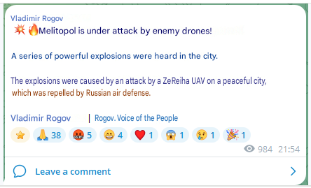 raging545's tweet photo. Russian occupied Melitopol is now under a large scale drone attack. Multiple explosions have been recorded in the city. https://t.co/UcirGvpvlI