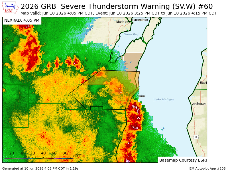 NEWIWeather's tweet photo. GRB updates Severe Thunderstorm Warning [damage threat: DESTRUCTIVE, wind: 80 MPH (RADAR INDICATED), hail: <.75 IN (RADAR INDICATED)] (cancels Calumet, Winnebago [WI], continues Brown, Kewaunee, Manitowoc, Outagamie [WI]) till 4:15 PM CDT https://t.co/gRDKad7mEe https://t.co/OQLoSkirg1