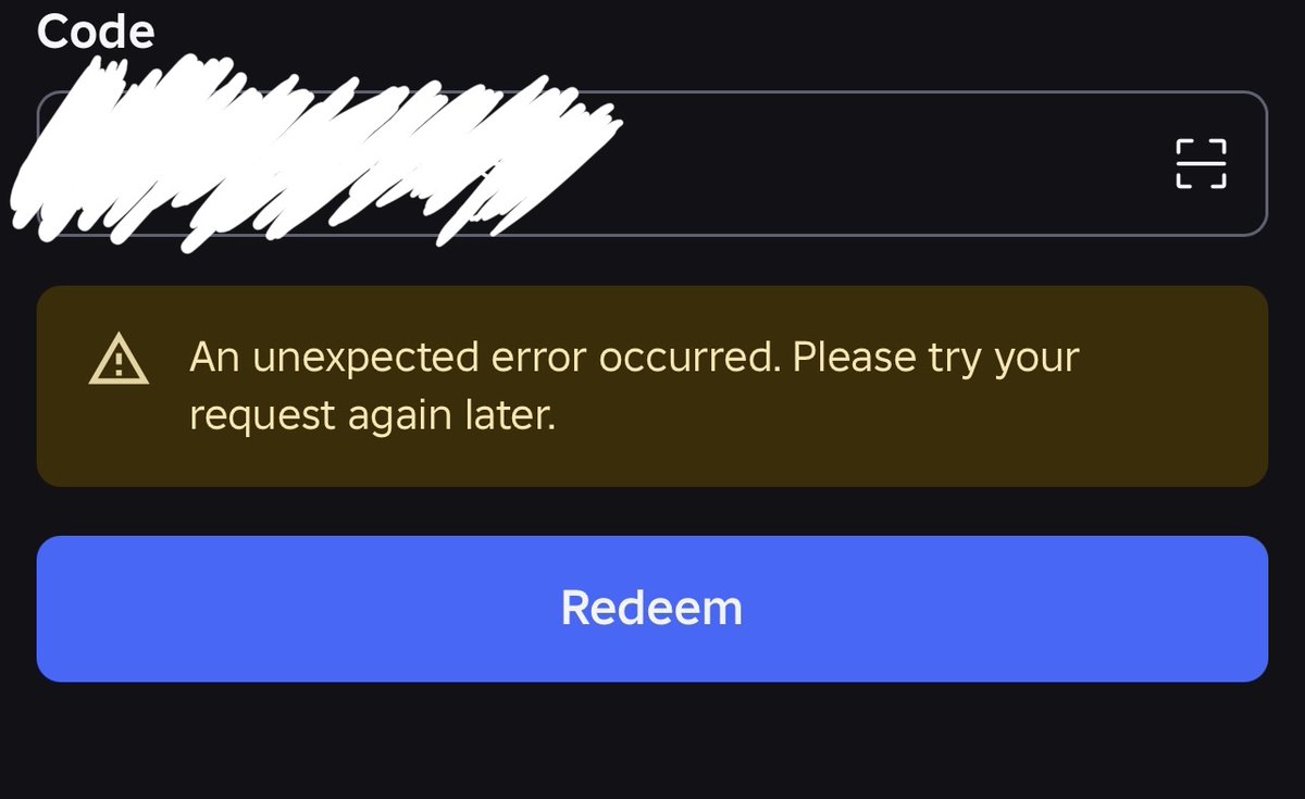 NyxGlyphic's tweet photo. @Roblox_RTC Roblox needs to fix this cuz is been almost a week since this is happening

Im trying to redeem a code and it gives me the same message every-time,
btw it was the party pack, the 25 gift card, 200 robux each. 50$ go to waste

Is it just a bug that everyone has or only me https://t.co/dryw8PF81g