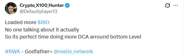 NeutralViewLab's tweet photo. ngl fr... @Defaultplayer13 a real smart one, dude just loaded more at the dip 👍

low discussion around Realio Network token makin it the ideal sneaky entry near bottom in RWA rn, this kinda quiet play always hit different in the past 

while degens chase next meme, realio out here actually tokenizin real estate n assets with compliance n shit, L1 multi chain built for institutions not just hype tweets. feels like the sleepin giant at these levels 

chart lookin bottomy too, DCA vibes hittin 

not financial advice at all btw

what yall think, is RWA finally cookin or we still early af? 👀

#RIO #Realio #RWA