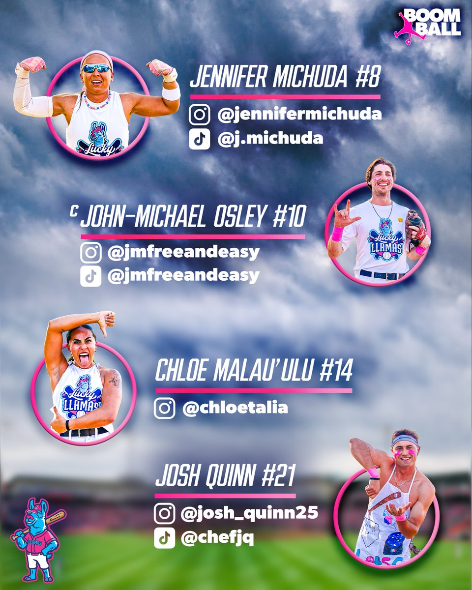 BoomBallTour's tweet photo. Official Roster &amp; Social handles for the 2026 Lucky Llamas Summer Tour! https://t.co/yawmitD8F4