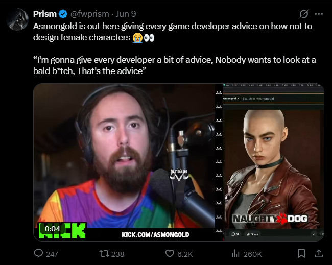 The_HappyLounge's tweet photo. 🧑‍🦲Design Debate

Asmongold mocked bald female characters, saying nobody wants them

Intergalactic is back in the crossfire

Cool fact: Jordan A. Mun is Naughty Dog’s new lead character

Fair point or tired bait?

#Gaming #Intergalactic https://t.co/KpTQ2bL7Nf