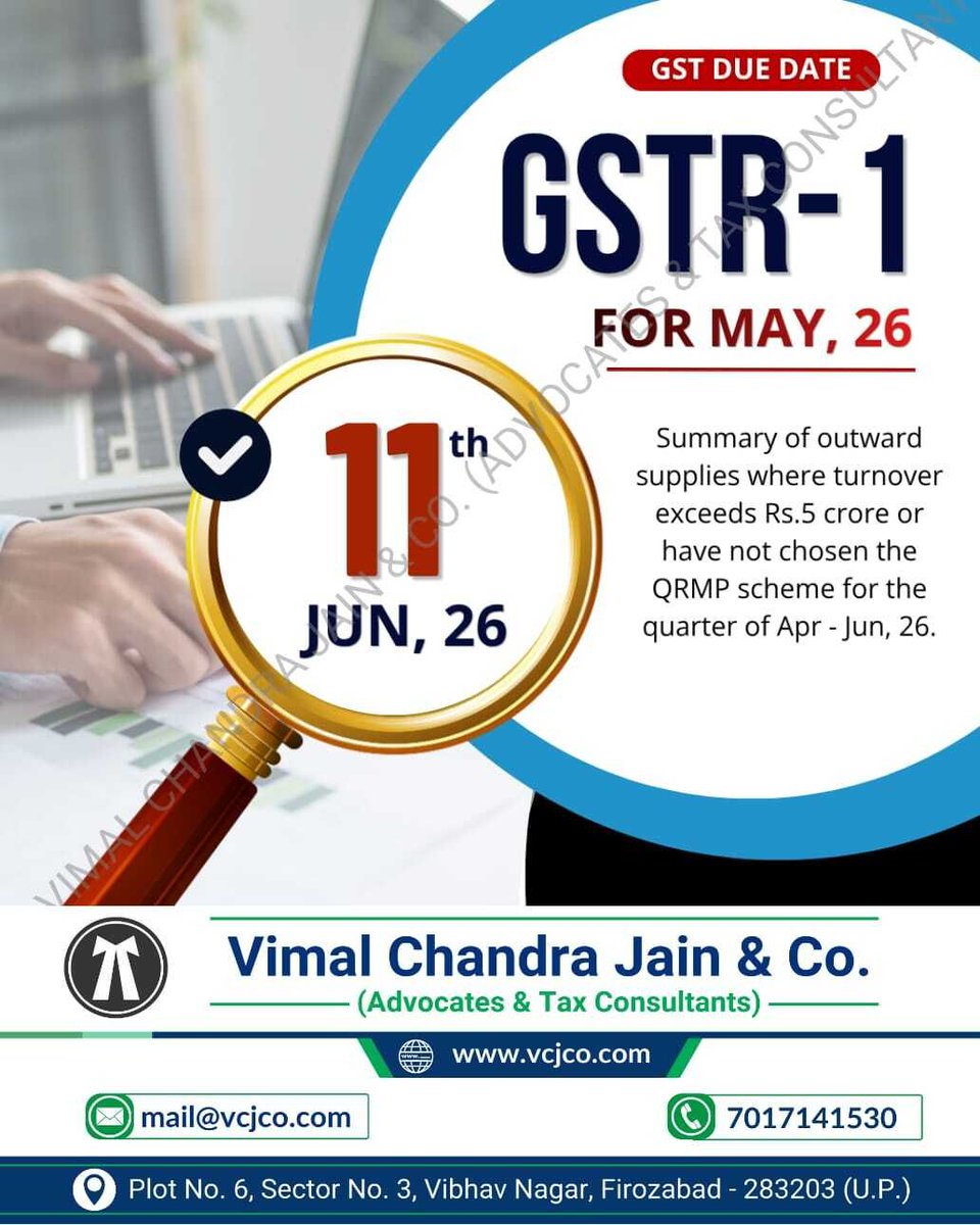 vcj_co's tweet photo. GST Due Date Today - GSTR-1 for the Month of May 2026.
#GST #GSTR1 #vcjco #gstregistration #GSTIN #tds #mathura #vrindavan #jalesar #kotla #dholpur #bharatpur #fariha #jasrana #sirsaganj #etah #auraiya #etawah #kanpur #tundla #firozabad #agra #shikohabad #itr #incometaxreturn #refund #gstr #tax #taxation #incometax #legal #compliance