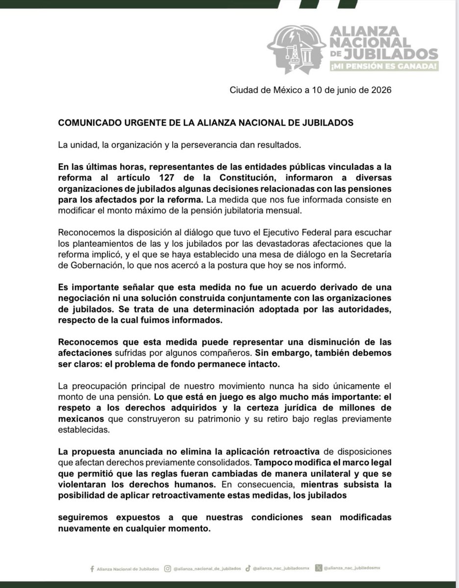 jubiladosmx's tweet photo. La lucha de miles de jubiladas y jubilados está dando resultados. Se anunció una medida que reduce parte de las afectaciones provocadas por la reforma al artículo 127. 

Es un avance, pero seguiremos firmes hasta garantizar nuestros derechos adquiridos. https://t.co/o28l6uB9I4