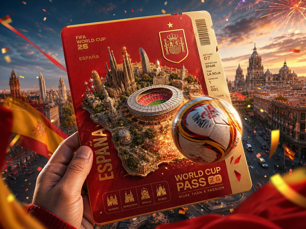Piclumen_ES's tweet photo. La composición general se asemeja a un pase de viaje coleccionable combinado con un póster promocional oficial de la Copa Mundial  

Creado con GPT-Image-2 en @PicLumen ⚽ 
#IA #aiart #digitalart #piclumen ㅤㅤㅤ https://t.co/EkeXHpYmdb